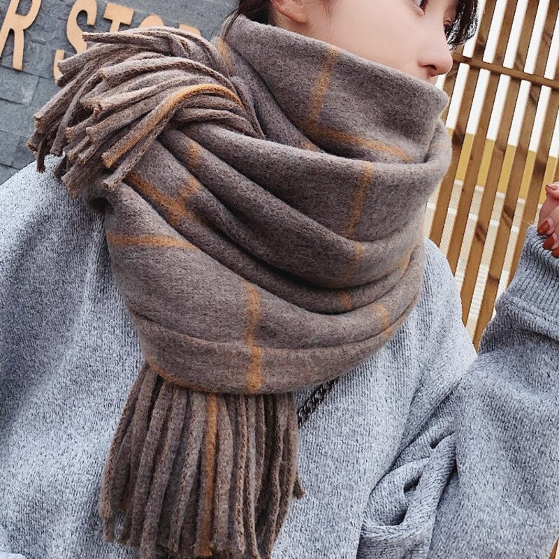 [EWQ] Winter Shawl Plaid Patchwork Thick Keep Warm Knitting Long Plaid Korea Scarf Woman Wool Spinning 19C-a17-02-0: dark coffee