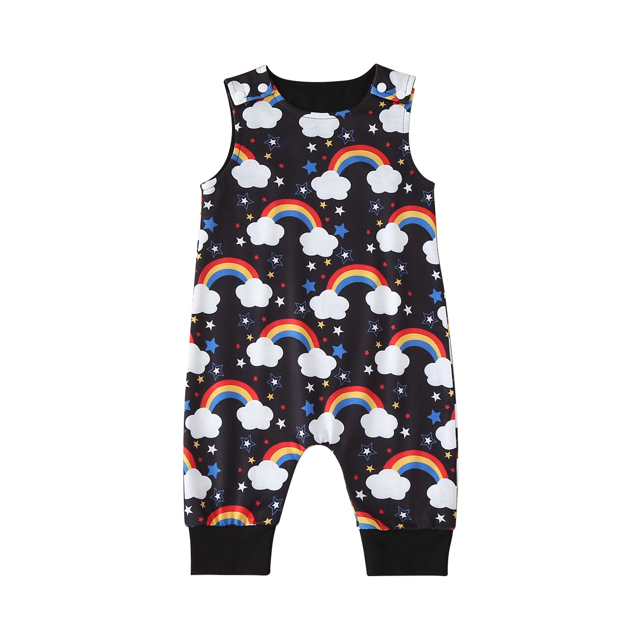 Combinaison unisexe sans manches pour bébé, motif dessin animé mignon, imprimé arc-en-ciel coloré, combinaison décontractée d'été pour bébés filles et garçons: Noir / 12m