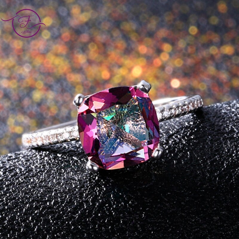 Chamfer Square 8*8MM Mystic Fire Rainbow Topaz Ring for Women Silver Rings Anniversary Jewelry Valentines Day