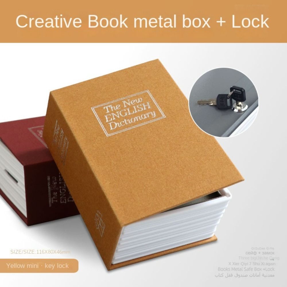 Caja de Metal con forma de libro, caja de llaves oculta con cerradura, libro simulado, almacenamiento diario de joyería, caja de ahorro: Oro