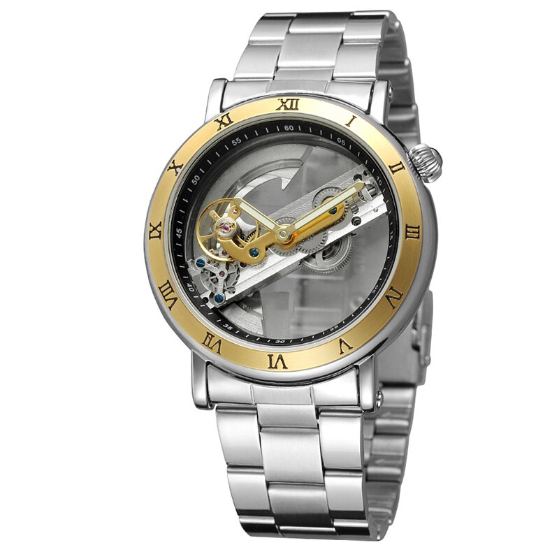 Speciale Transparante Case Skeleton Sport Mannelijke Waterdichte Mechanische Horloges Heren Lederen Automatische Tourbillon Horloges: steel gold silver