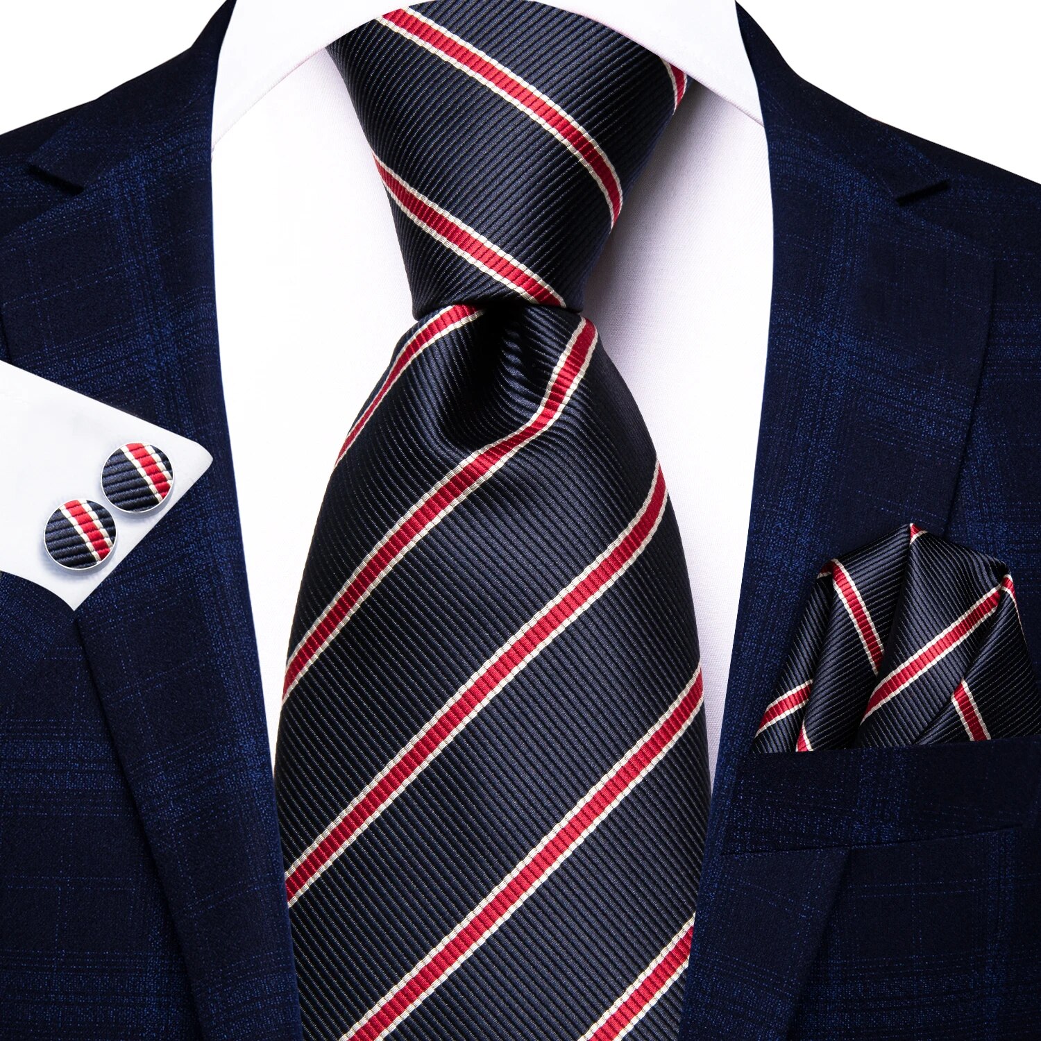 Hi-Tie Black Red Striped Silk Wedding Tie For Men Handky Cufflink Men Necktie Set Business Party: black