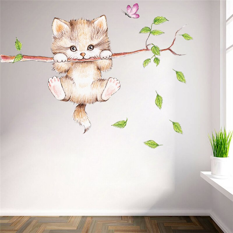 Cartoon Dier Muurstickers Diy Posters Muurschildering Art Leuke Kat Vlinder Boomtak Muurstickers Voor Kinderen Kamers Huisdecoratie