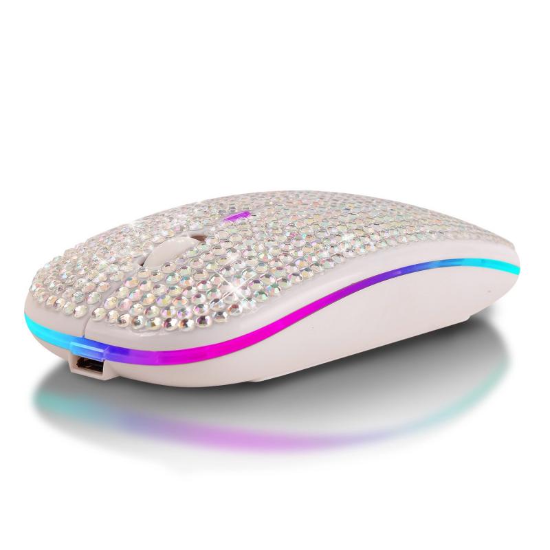 Wireless Bluetooth Silent Mouse 2.4G VML-10 USB Rechargeable RGB Colorful Lights Diamond Shiny Office Mouses Mini USB Receiver: white