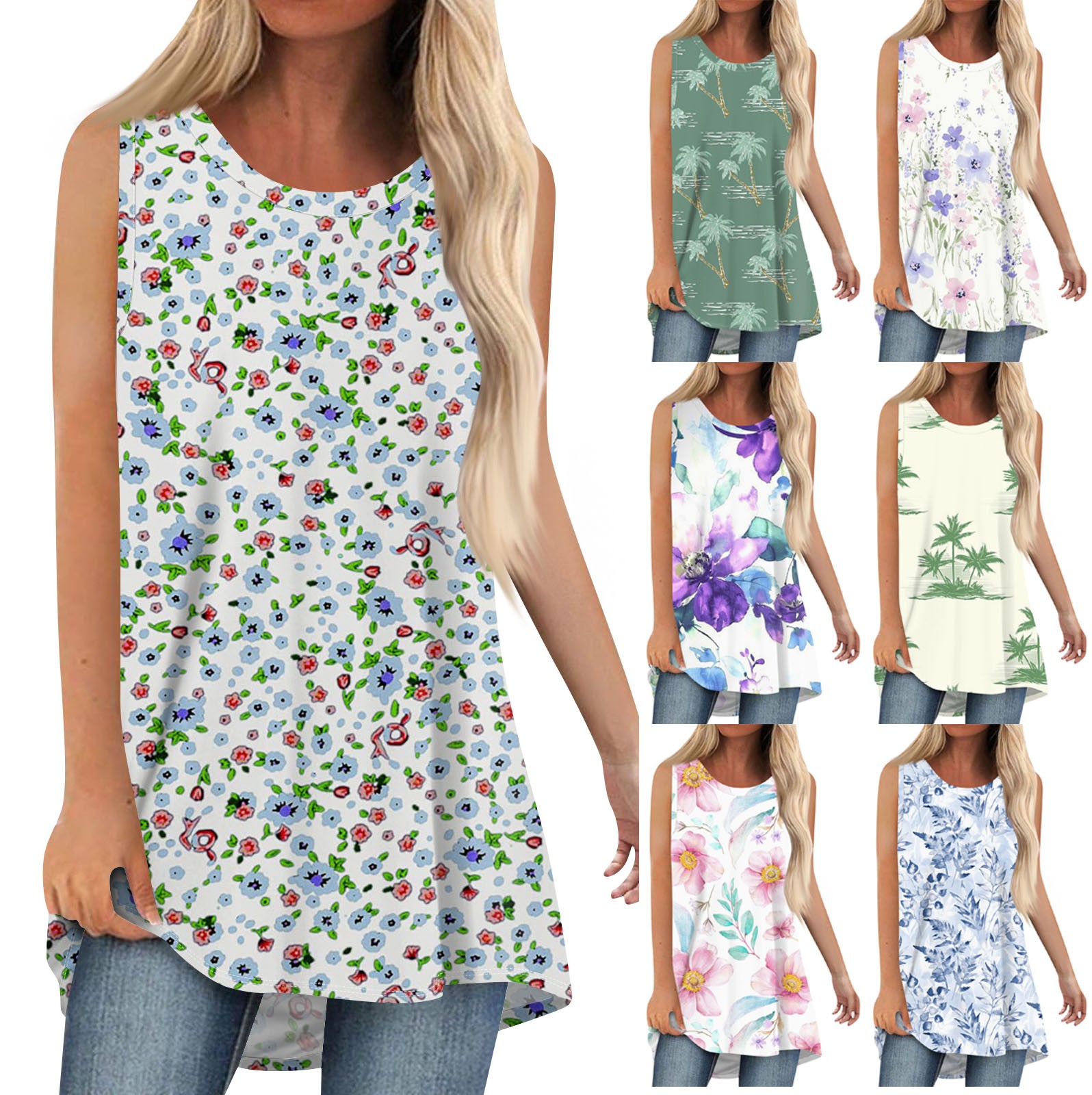 Summer Casual Sexy Tank Tops Women O-neck Sleeveless Floral Printed Pullover T-shirt Ladies Vest Wide Straps Female Camis