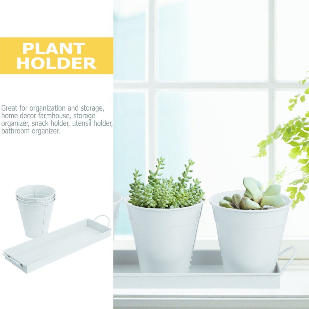 3pc Flower Iron Bucket Planter Pot with Tray Retro Flower Buckets Succulents Pot