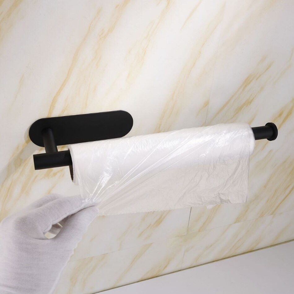 Black Kitchen Paper Holder 304 Stainless Steel Adhesive Toilet Tissue Roll Shelf Wall Hanger Bathroom WC Long Paper Towel Bar