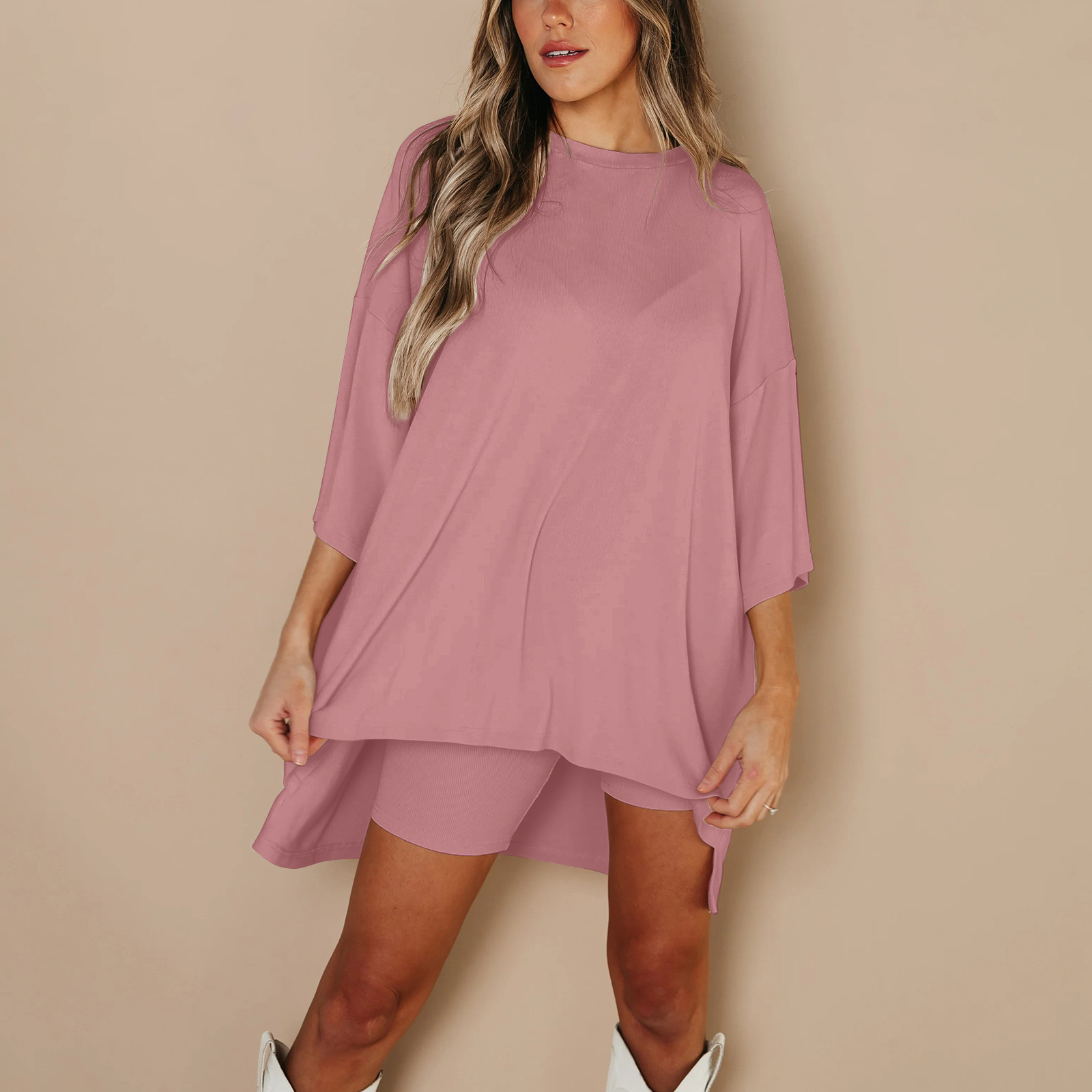 Ensemble Deux Pièces Haut et Short pour Femme, Basique, Polyvalent, Col Rond, Manches Courtes, Directe, 03/Life, Grande Taille: L / Rose