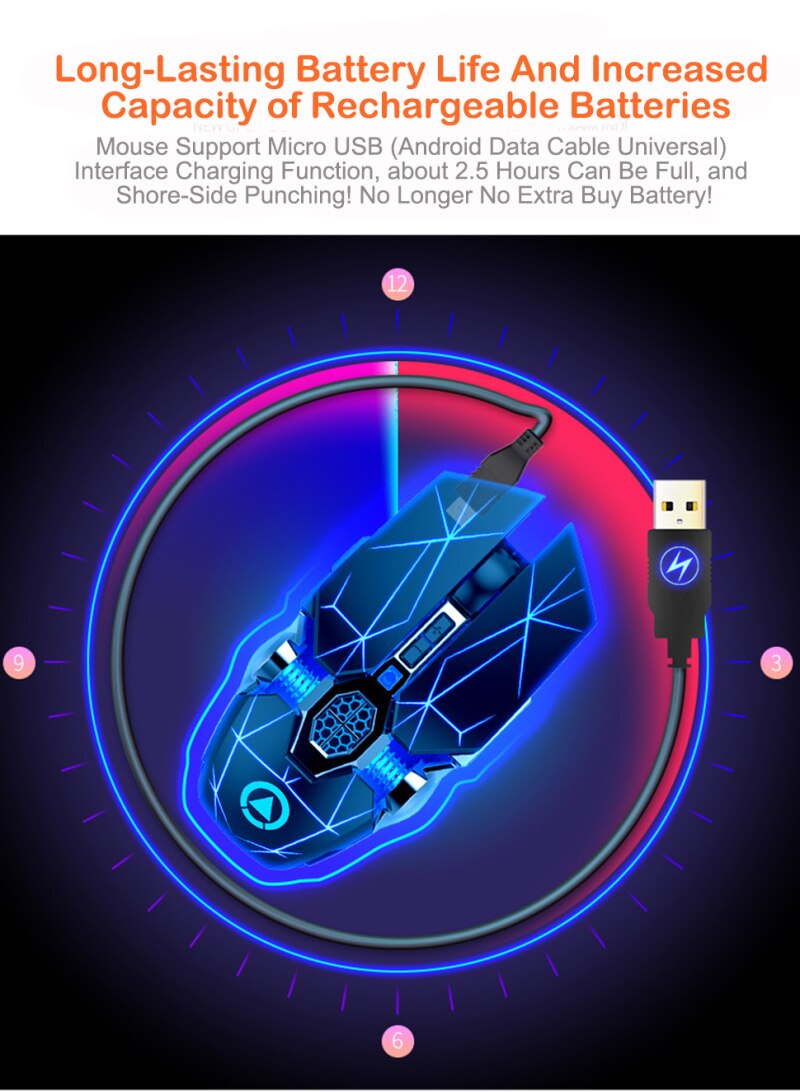 Gaming Mouse Rechargeable Wireless Silent Mouse LED Backlit 2.4G USB 1600DPI Optical Ergonomic Mouse Gamer Desktop For PC Laptop