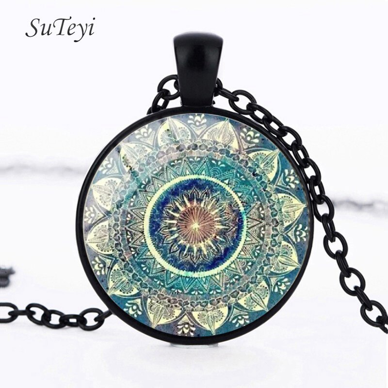 Collana Mandala verde Vintage collana con pendente in vetro di loto con geometria sacra retrò per donna uomo gioielli Boho: Black Necklace
