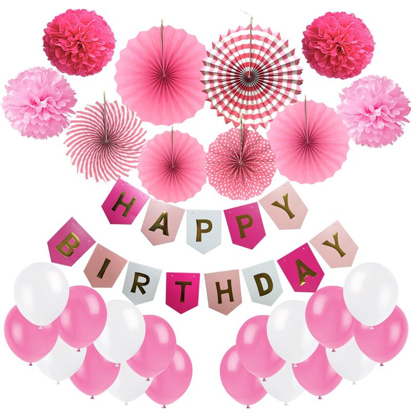 Bursdag baby shower bryllupsfest dekorasjon banner ballonger silkepapir pom-poms fans blomster dekor rosa grønn blå svart: Rosa