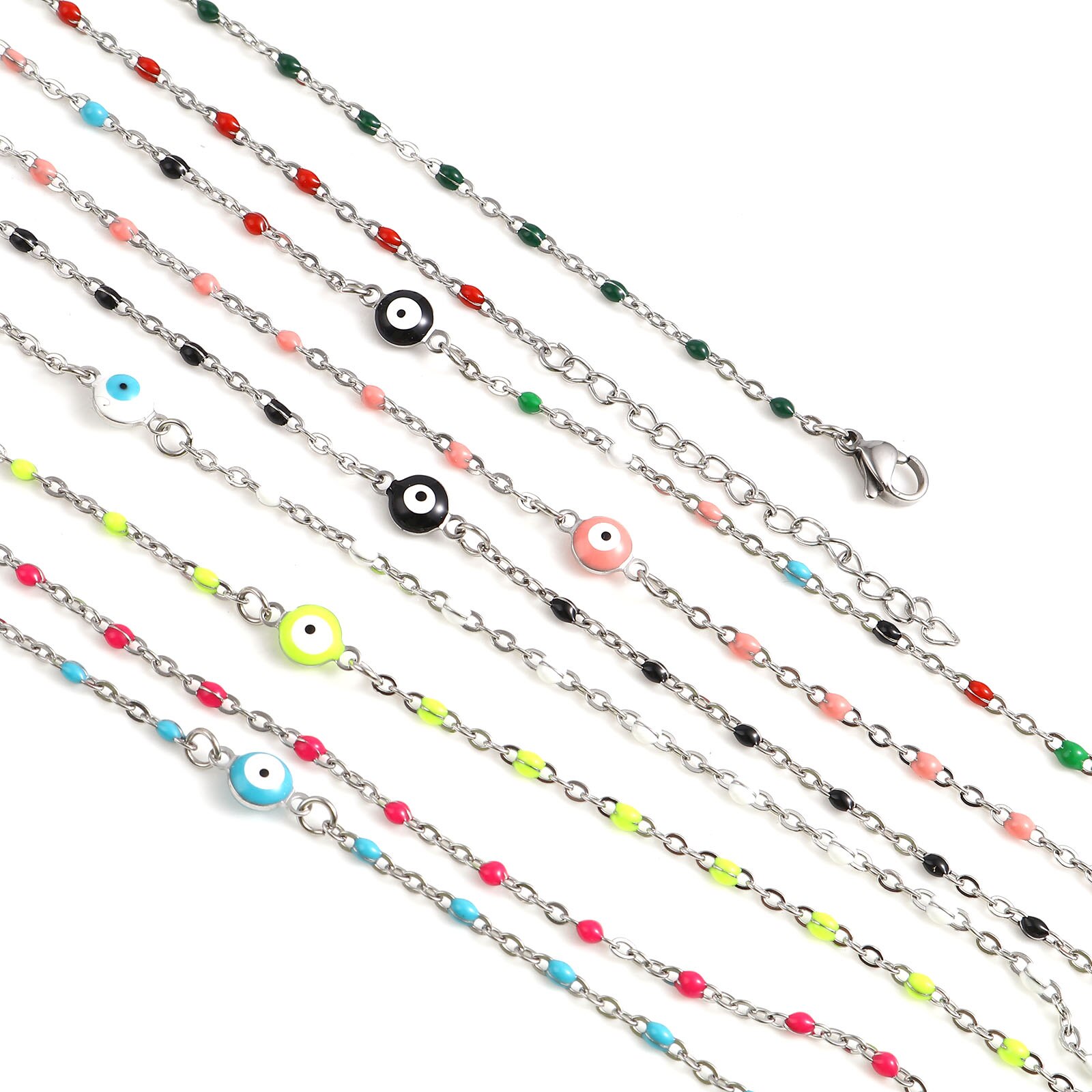 Religious Stainless Steel Link Cable Necklaces Enamel Round Evil Eye Connector Chains Necklace For Women Neck Jewelry Findings