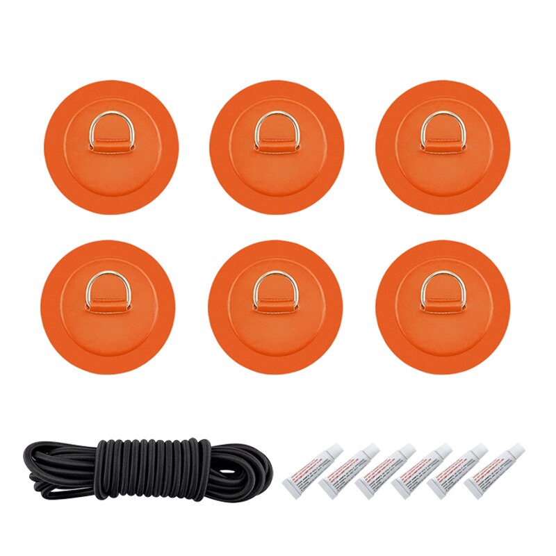 6 stuks/partij surfplank, dinghy, boot, pvc-patch met roestvrijstalen d-ring, dekbevestiging, sup ronde ringpad, 5m elastische bungee-touwset: Oranje