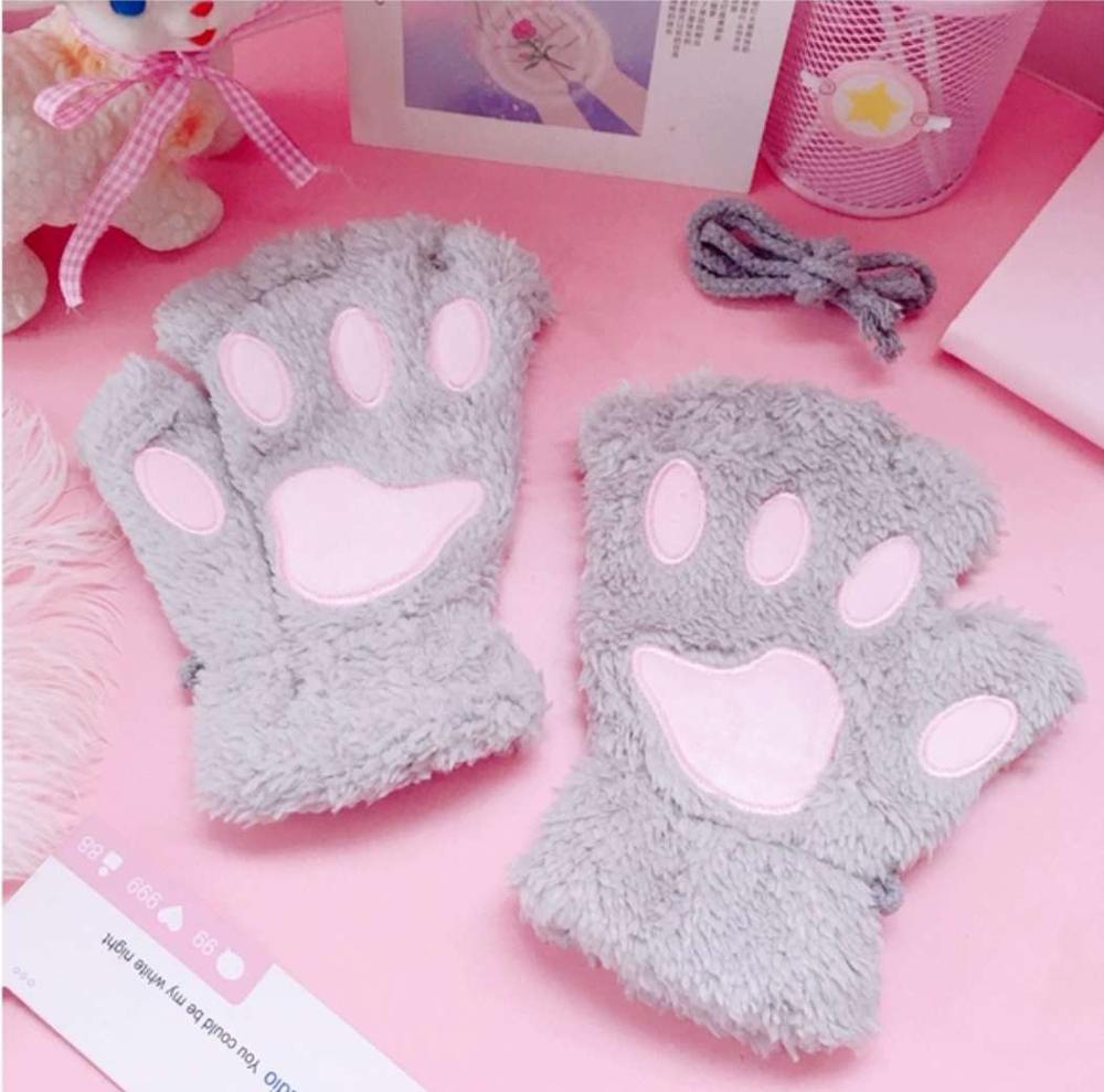 Kat Klauw Handschoenen Leuke Cartoon Kat Meisje Vingerloze Handschoenen Verdikte Pluizige Beer Poot Half Vinger Handschoenen: Grijs