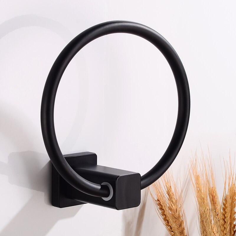 Toallero redondo negro para baño, soporte de anillo de toalla montado en la pared, colgador de riel, Perchero de aluminio, accesorios de baño