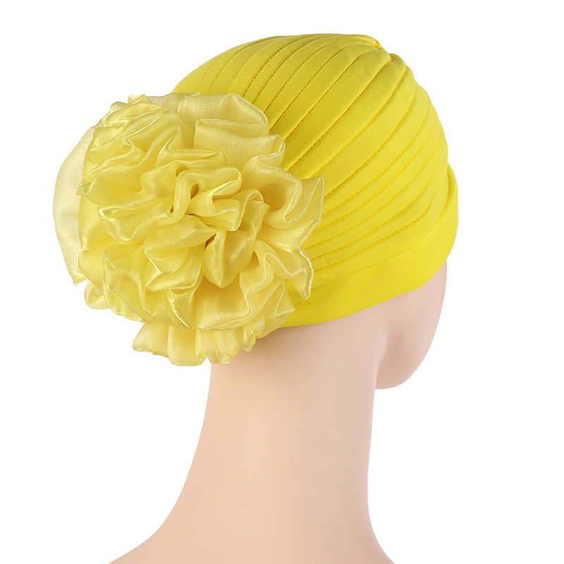 Solid Color Turban Hat Female Stylish Indian Exaggerated Big Flower Turban Hat Western Style Comfortable Pullover Hat: Yellow