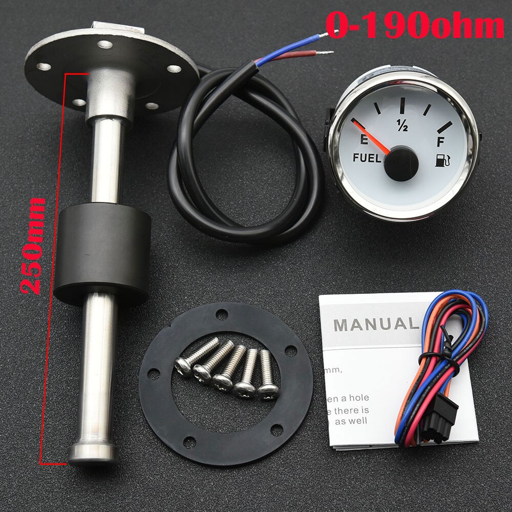 52MM Fuel Level Gauge with 100 125 225 250 300 350 450 500 600mm Fuel Sender Unit 0-190ohm Fuel Level Sensor Auto Gauge for Boat: 250mm 0-190ohm