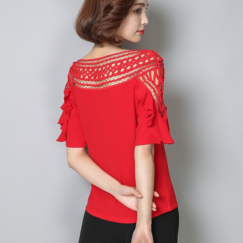 Blusas de gasa con volantes para Mujer, Tops de encaje calado, talla grande, verano,