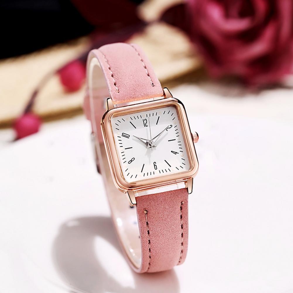 Watch Square Dial Faux Leather Strap Water Resistant Women Round Pointer Watch