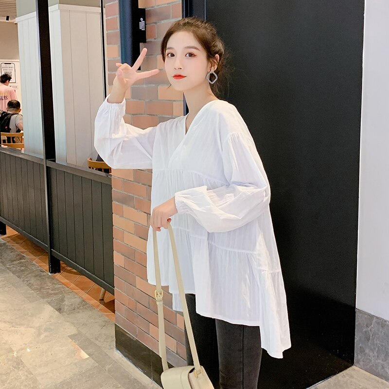 Chemises de maternité amples à manches longues, col en v, grandes tailles, chemisiers en coton irrégulier, femmes enceintes, vêtements décontractés, , automne: White / 3XL