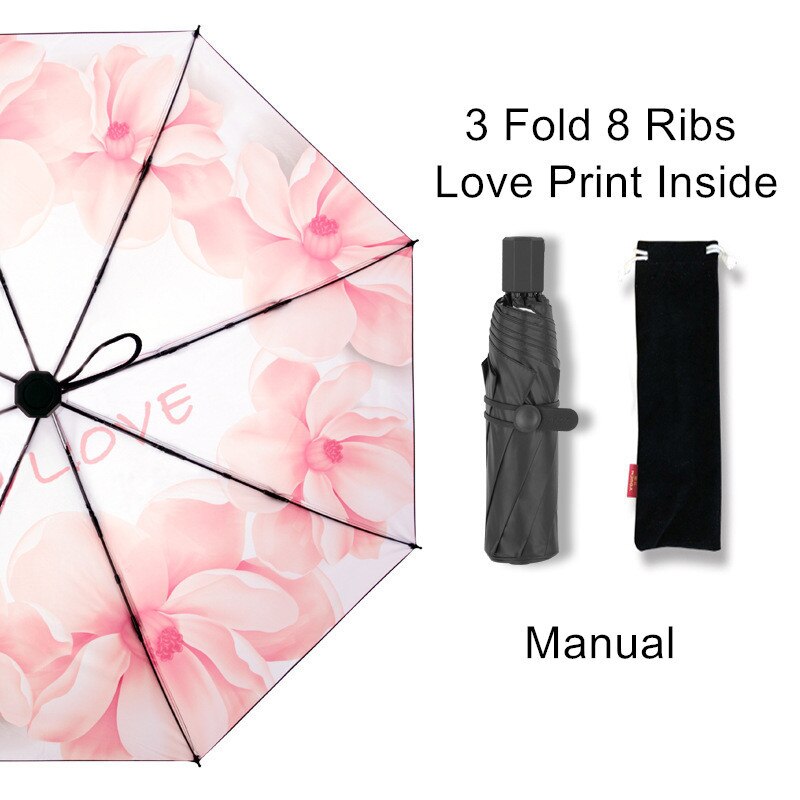 Mini Pocket Umbrella Automatic Folding Umbrella Rain Women Capsule Pink flowers Parasol Windproof UV Protection Female Umbrella: 3 fold