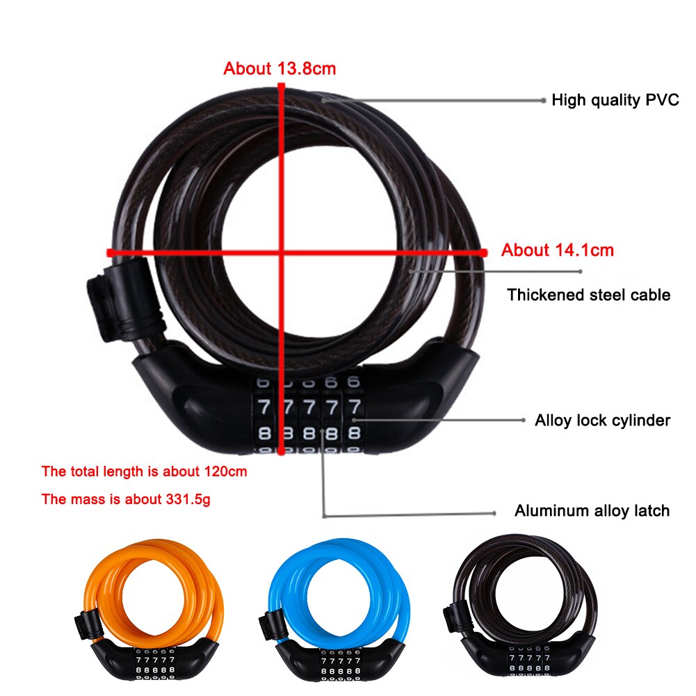 1set 5-Digit Code Bike Security Combination Locks Padlock Motorcycle Scooter Anti-Theft Steel Cable Lock Accessories Portable