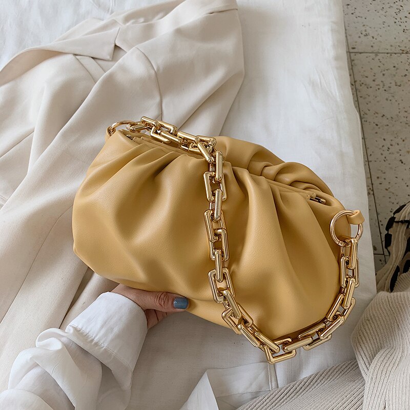Bolso de cuero sintético con cadena dorada para mujer, bolsa de mano femenina para la axila, de hombro, de viaje, de Color sólido, para verano,: YELLOW