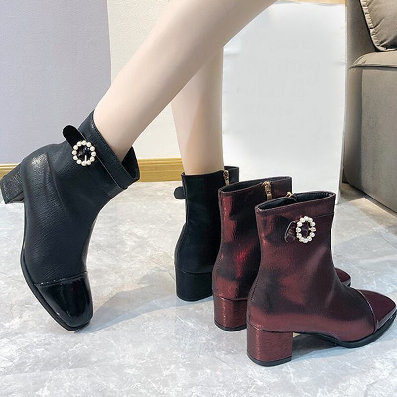 Escarpins courts en cuir PU pour femmes, bottines d'automne avec fermeture éclair et perles, talons hauts, bout carré, chaussures à la ,