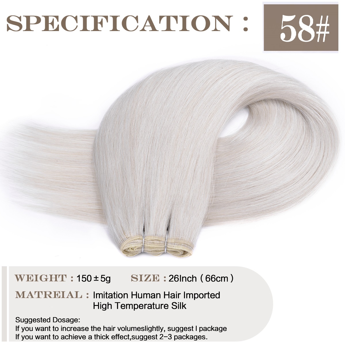 Mechones de pelo ondulado sintético de 26 pulgadas, extensiones de cabello largo Natural de 150g, tejido de pelo liso Yaki para mujeres falsas: Blanco