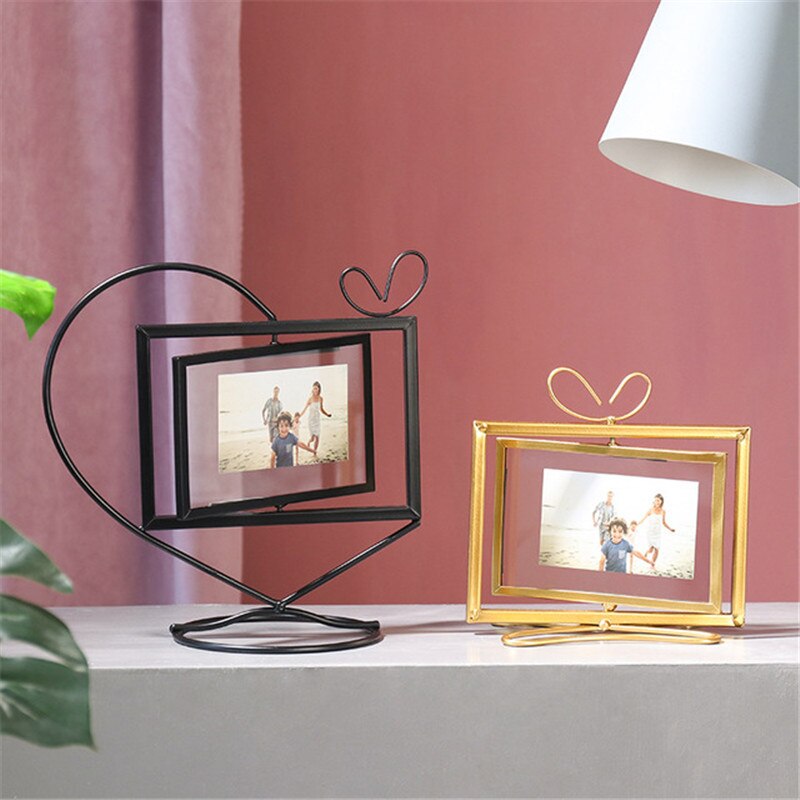 Geometric Golden Metal Photo Frame Desktop Heart Picture Frames for Portraits and Landscape Photo Rotating Photo Frame