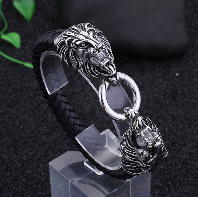 Bracciale testa di lupo vichingo catena di corda di cuoio doppio anello di morso testa di lupo bracciale per uomo amuleto regalo gioielli vichinghi: LZ6191-Silver