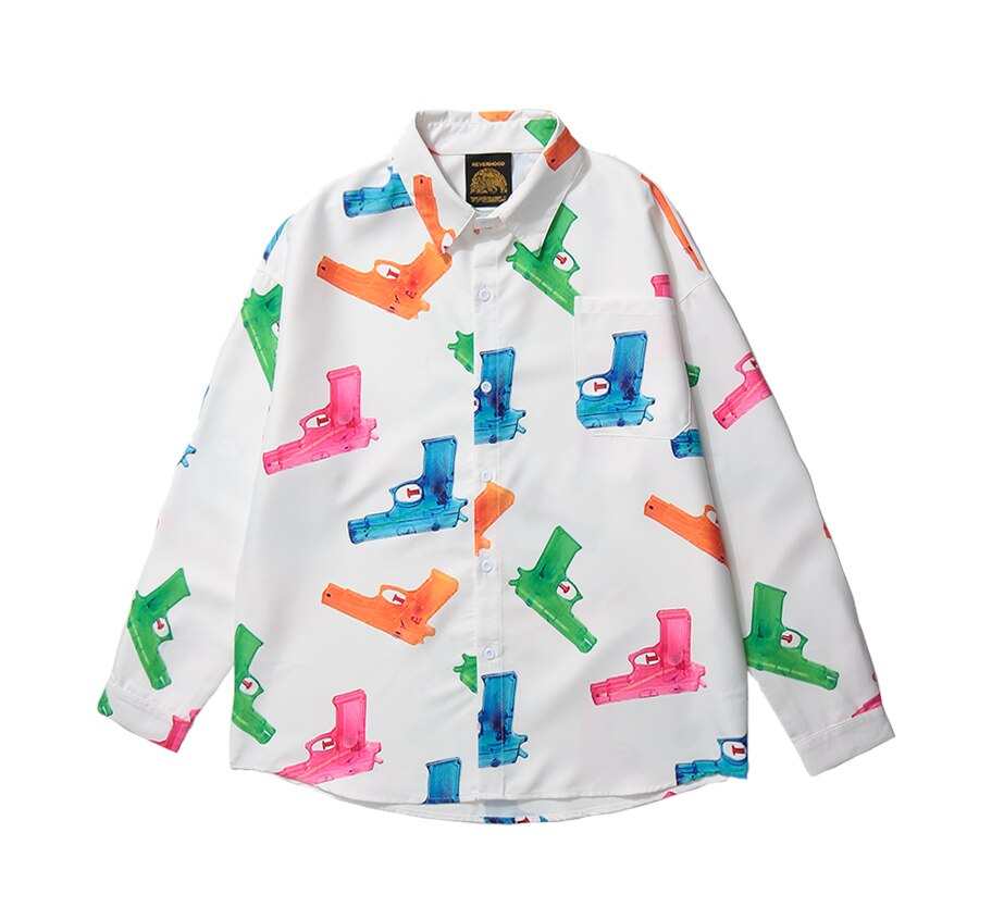 Lindsey asetus vintage leluaseet print pitkähihaiset mekkopaidat harajuku casual napit paita katuvaatteet hip hop miesten topit: Valkoinen / Xl