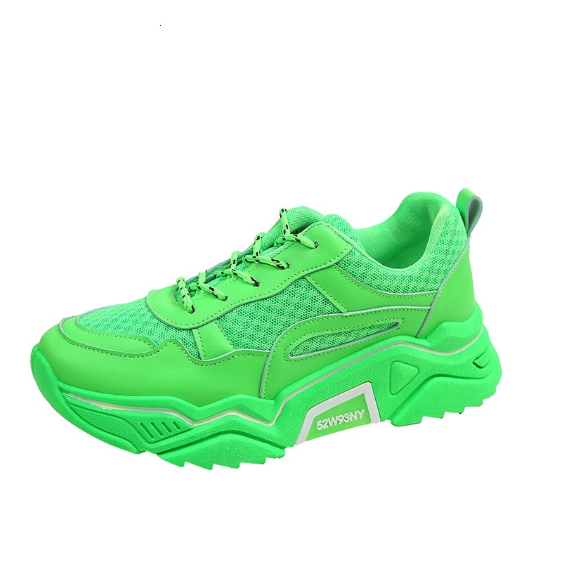 Kvinnors clunky sneakers höjdökning grön gul vit färg tjock sula air mesh kvinna vardagsskor: Grön / 5
