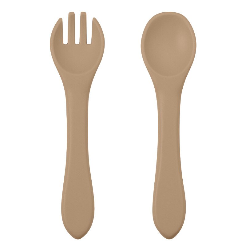 Suction Cup Baby Dishes BPA Free Silicone Baby Feeding Bowl Kids Tableware Non-Slip Infant Food Plate Kids Training Spoon Fork: Spoon Fork-Coffee