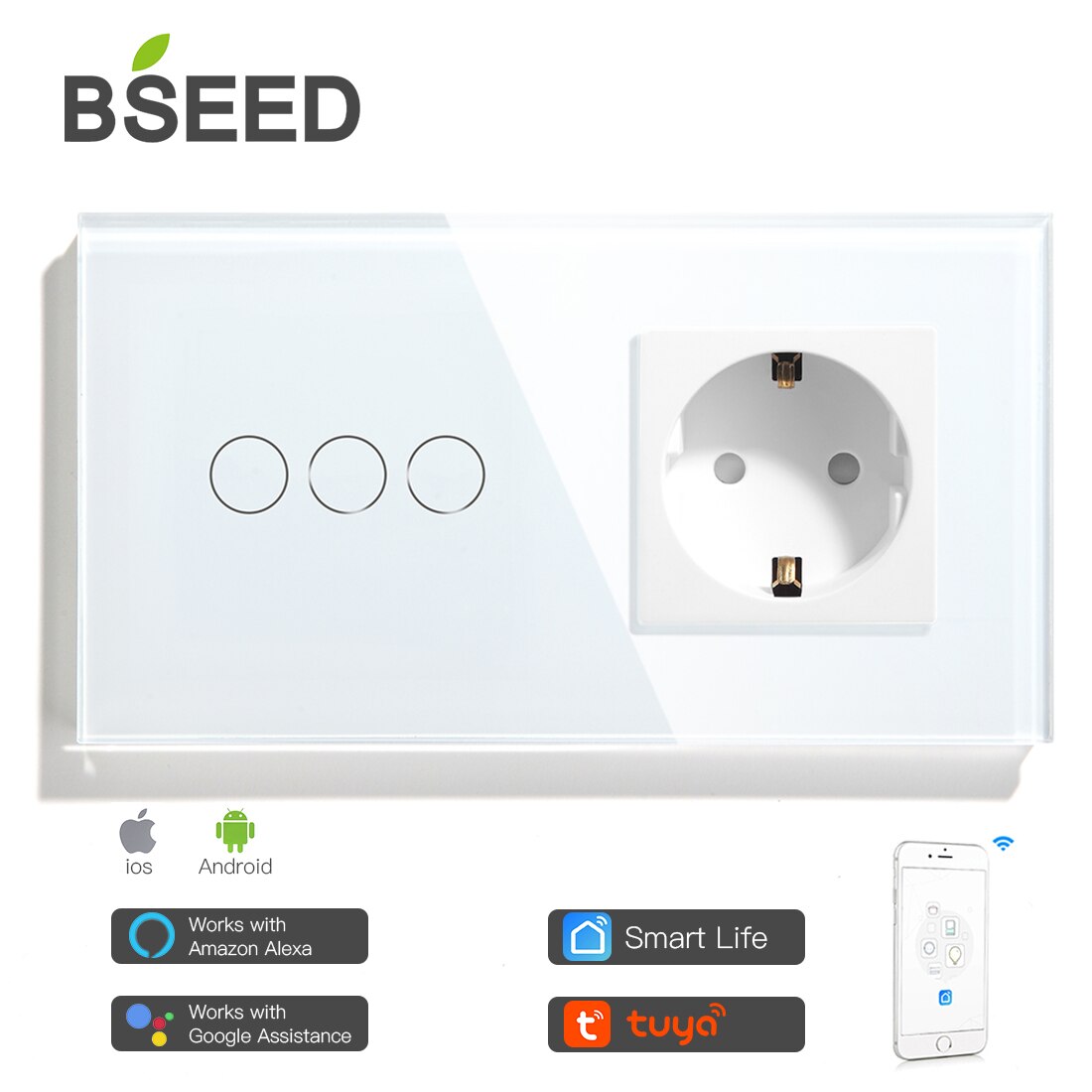 Bseed Mvava Wifi Touch Switch 1Gang 2Gang 3Gang Met Normale Eu Socket Zonder Wifi 3 Kleur Kristal glazen Paneel Smart Switch Alleen: White 3 Gang