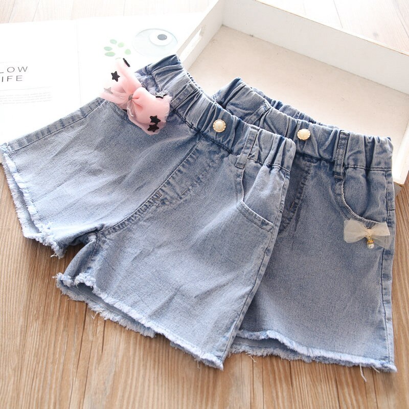 Primavera/estate 2022 pantaloncini di jeans con fiocco per ragazze abbigliamento per bambini all'ingrosso