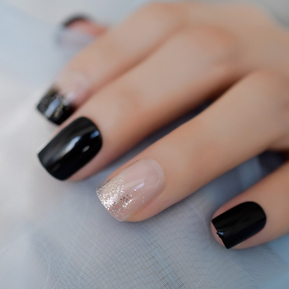 Daily False Nails with Glitter Normal Shape Black Clear Mix Artificial Nails Short Squoval Manicure Tips 24