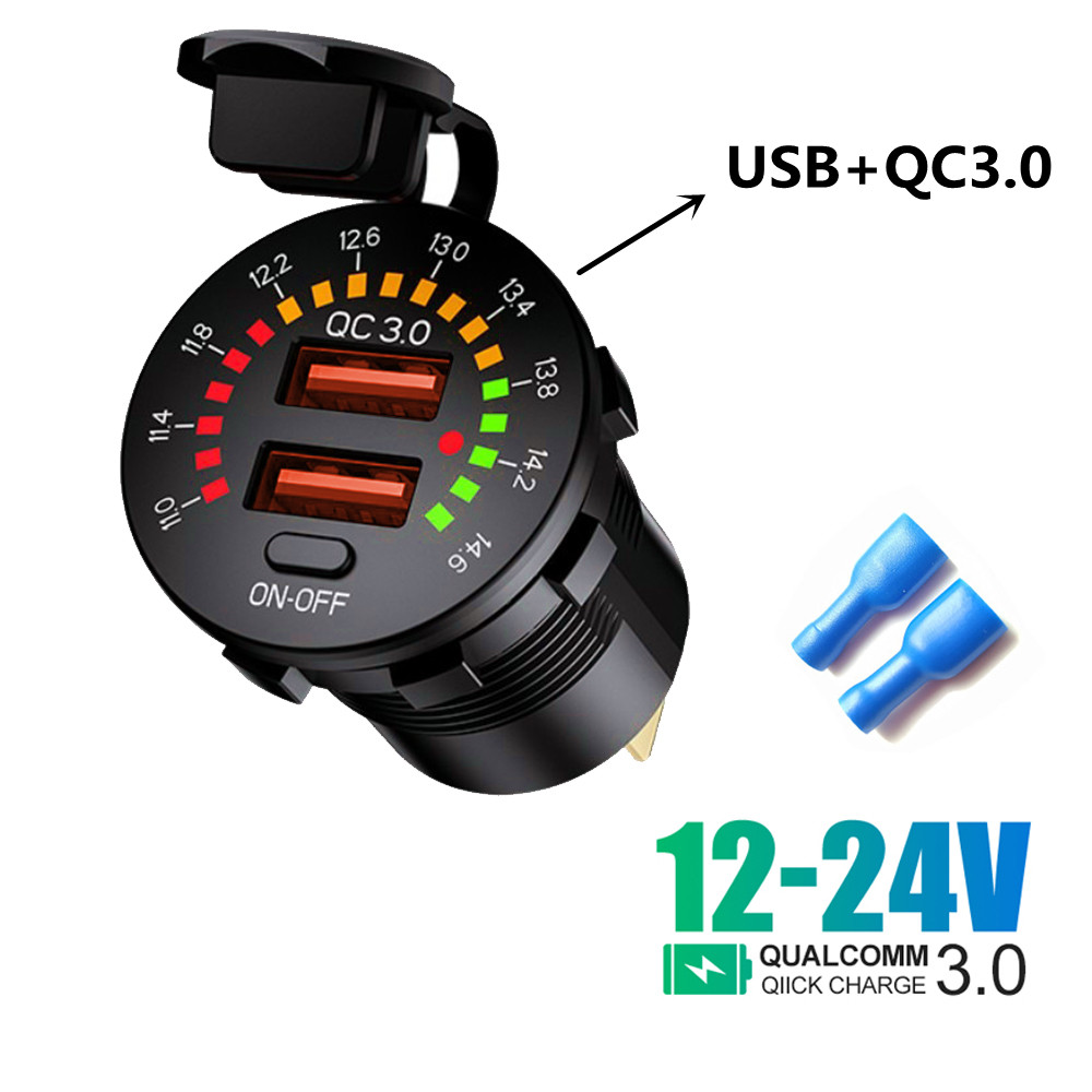 Cargador de coche USB Dual QC 3,0, 36W, 12V, 24V, salida PD impermeable, carga rápida con voltímetro LED, interruptor de encendido y apagado, accesorios para coche: Gris