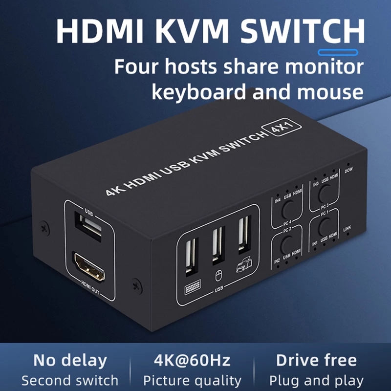 4K Hdmi Kvm Switch 4 Port Usb Kvm Hdmi Switcher 4X1 4kX 2K/60Hz hdcp 2.2 Met Desktop Controller Voor Pc Laptop Windows &amp; Macs