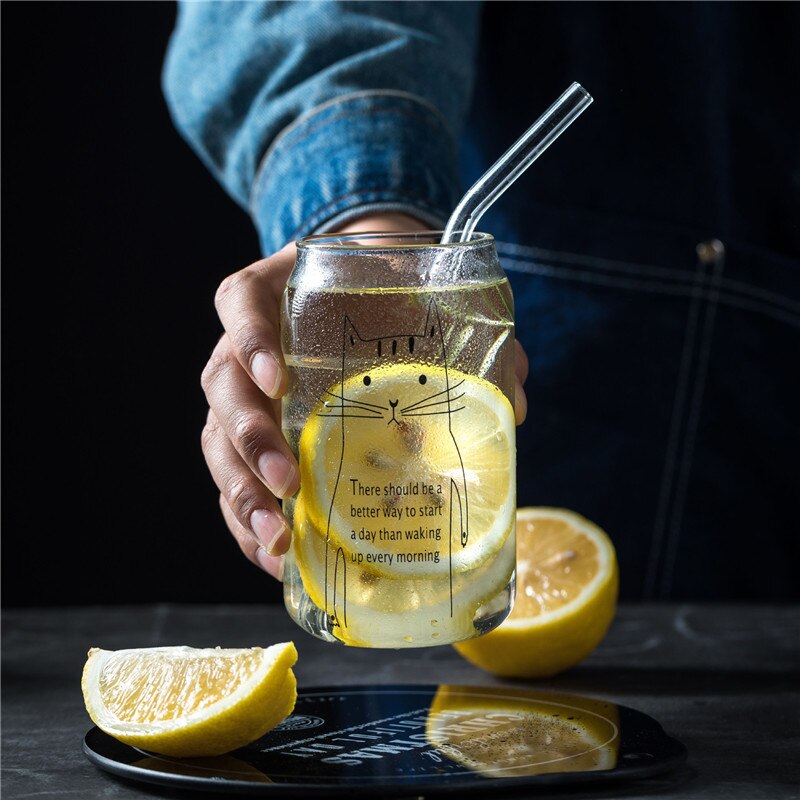 2Pcs Animal Pattern Glass Cup Transparent Cola Milk Juice Glass Home Office Coffee Mug Flower Teacup Drinking Glasses: Kitten