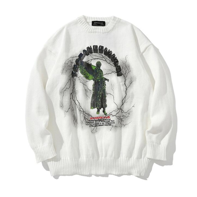 Herfst- en wintertrui voor heren, ronde hals, originele high street donkere graffiti engel print trui