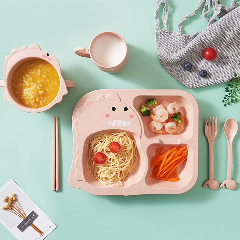 6 Piece Set Baby Dinosaur Tableware Children's Dinner Plate Grid Home Cartoon Feeding Dishes