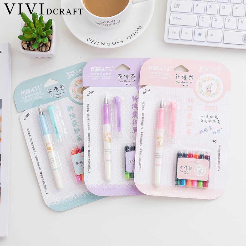 1 Pen+6 Colors Ink Bags for Kids Stylo Plume School Supplies Calligraphy Pen Kids Vividcraft Erasable Fountain Pen Ink Set