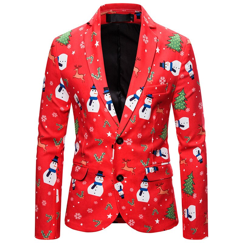 Shenrun Men Christmas Year Blazers Santa Jackets Red Slim Fit Suit Jacket Party Prom Christmas Print Stage Costumes: XXL