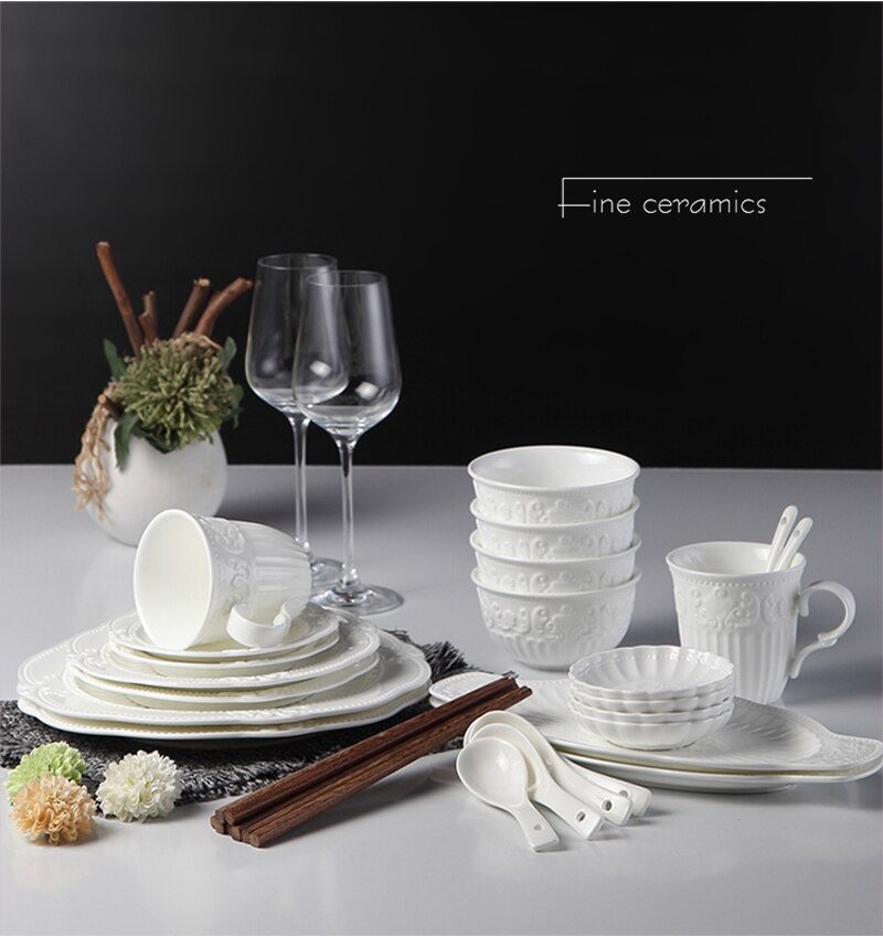 24pcs set, white embossed porcelain dinner set, ceramic servies dinnerware, borden servies chafing dish, palace dishes and plate: Default Title