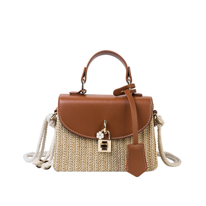 Bandoleras de mimbre tejidas de para mujer, bolso de hombro de mimbre de lujo, cruzado, bolsa de paja de playa para verano: brown