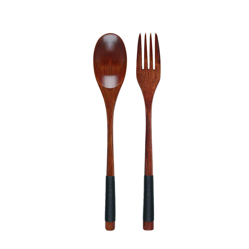 Houten Lepel Vork Eetstokjes Set Draagbare Outdoor Bestek Set Japanse Stijl Servies Set Lange Steel Lepel Houten Servies: Black Spoon Fork Set