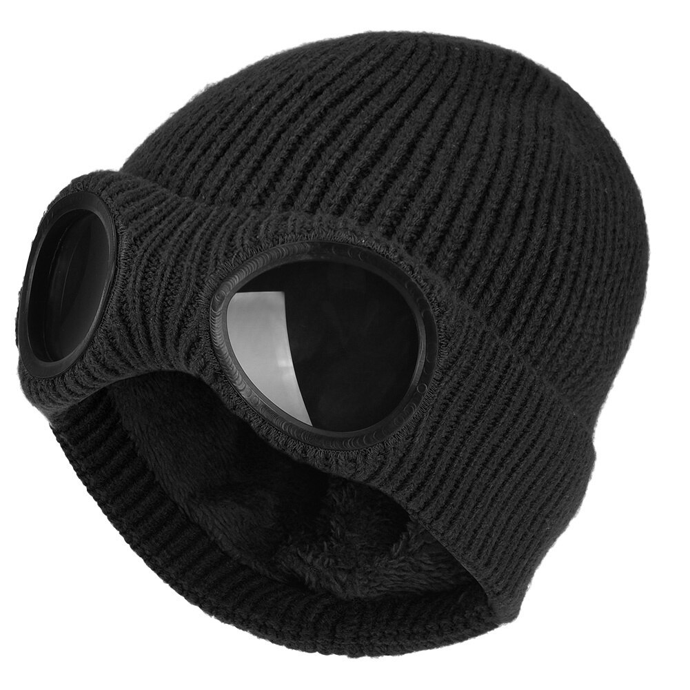 Rejser udendørs fortykket vinterstrikket hat varm beanie kraniet cap strækbar strik slouchy beanie med aftagelig briller cap: Sort (56-58cm)