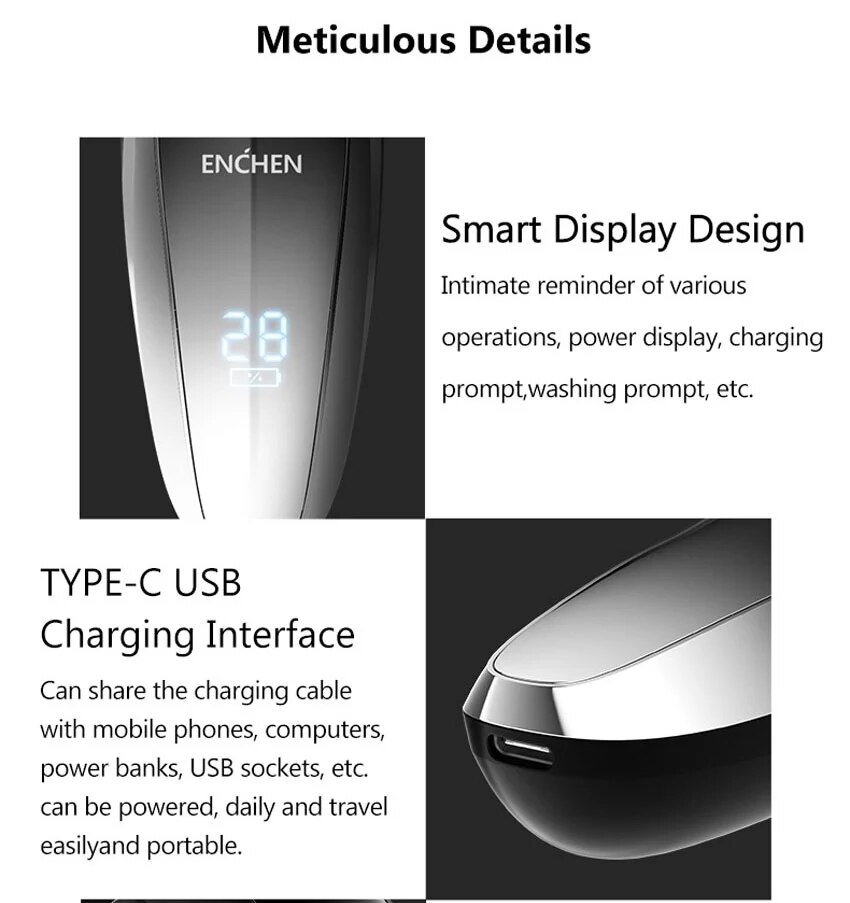 Enchen Electric Shaver Men's Razor Beard Machine LED display Portable Dry Wet Beard Trimmer Rechargeable 3 head shaving machine