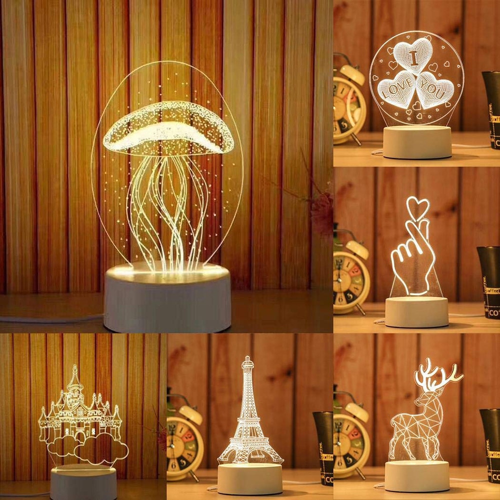 3D USB Acrylic Night Light LED Table Desk Bedroom Decor Warm White Lamp